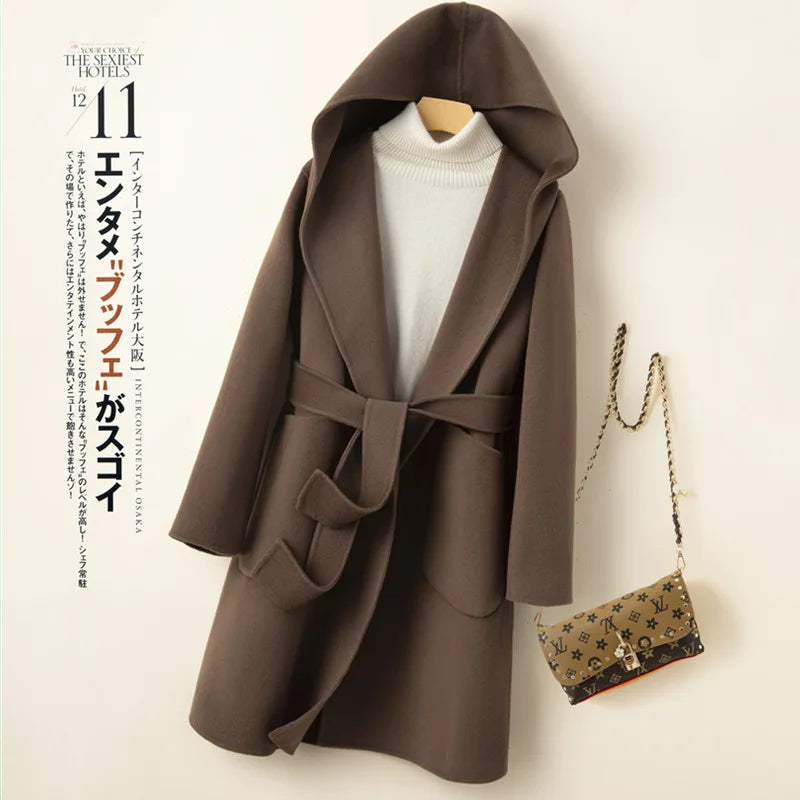 Korean Design Women Double-sided Cashmere Mid-length Hoodie Coat With Belt Lace Up Hooded Slimming Wool Jacket Winter