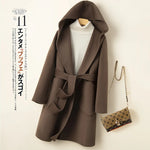 Korean Design Women Double-sided Cashmere Mid-length Hoodie Coat With Belt Lace Up Hooded Slimming Wool Jacket Winter