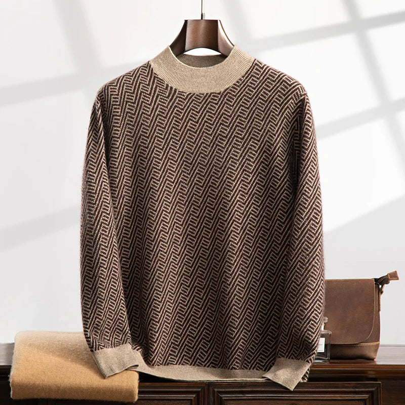 Wavy autumn and winter 100% cashmere men's o neck sweater loose fashion pullover slim warm knit solid color long sleeve top