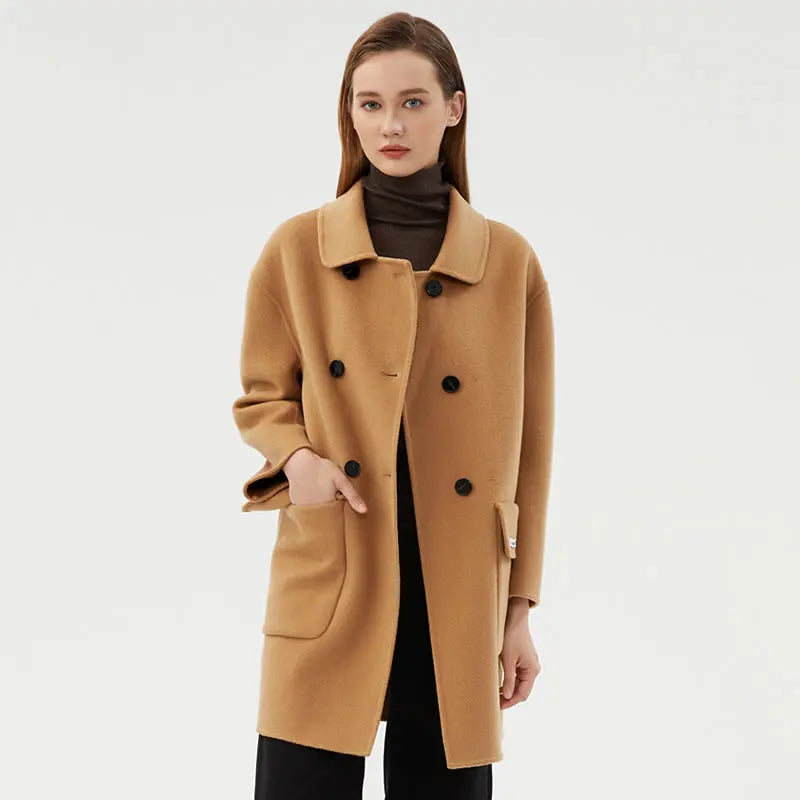 CAIXINGLE 2023 New Women's Coat Autumn and Winter Warm Pure Wool Woolen Coat Fashion Big Pocket Doll Collar Commuter Top