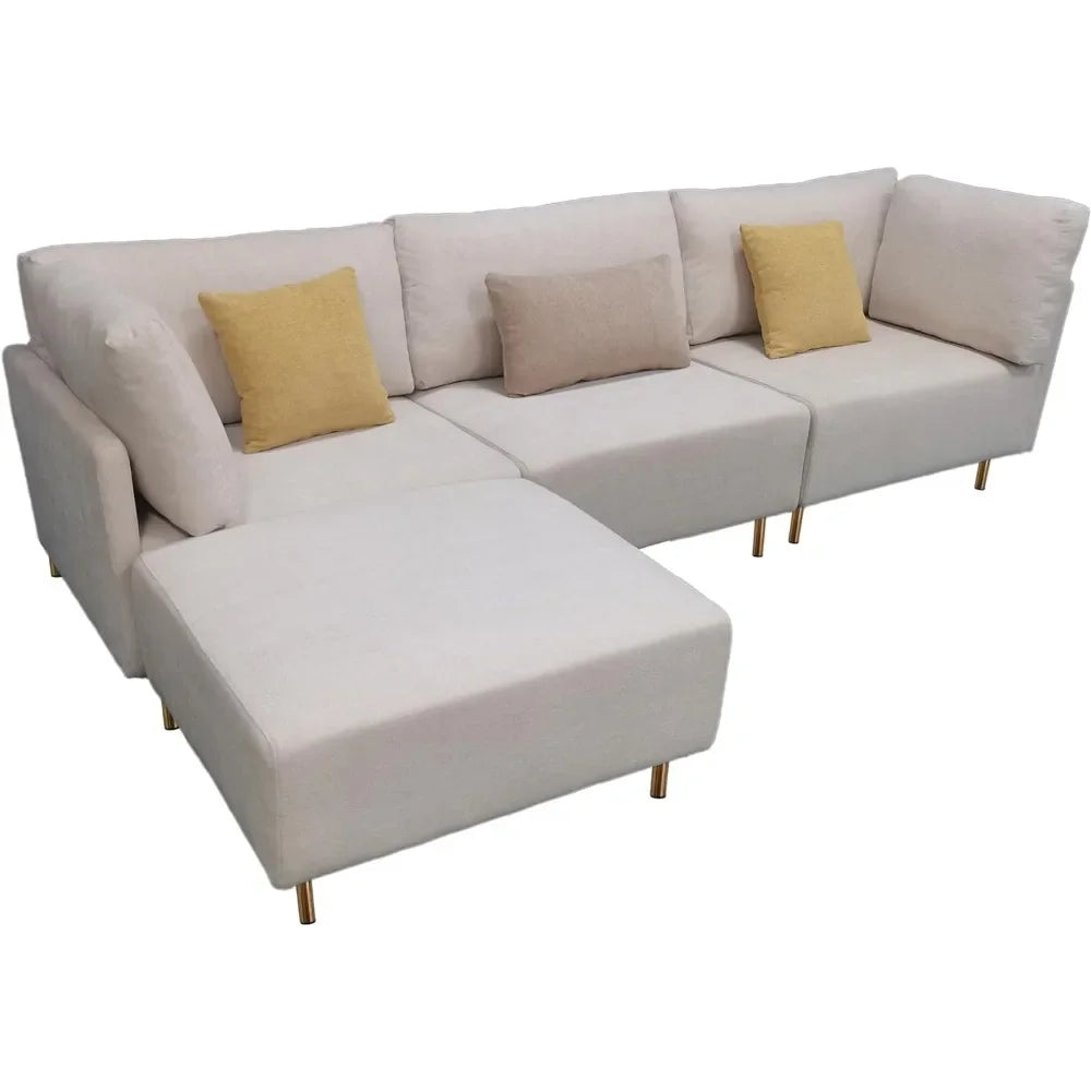 Golden Pear L-Shaped 4 Seat Cotton Linen Sofa with Pillows