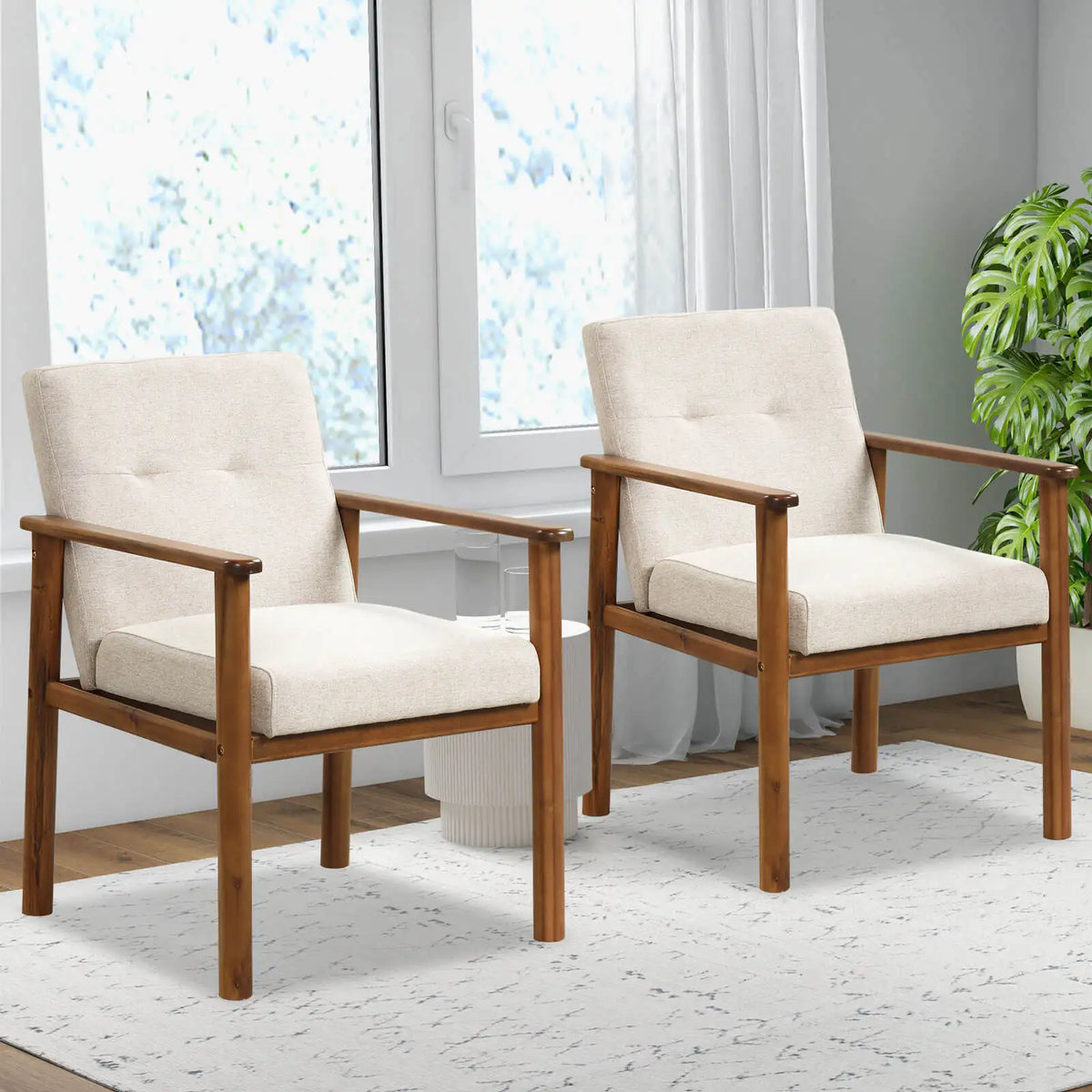 2 PCS Modern Accent Chair Upholstered Linen Fabric Armchair with Solid Wood Legs