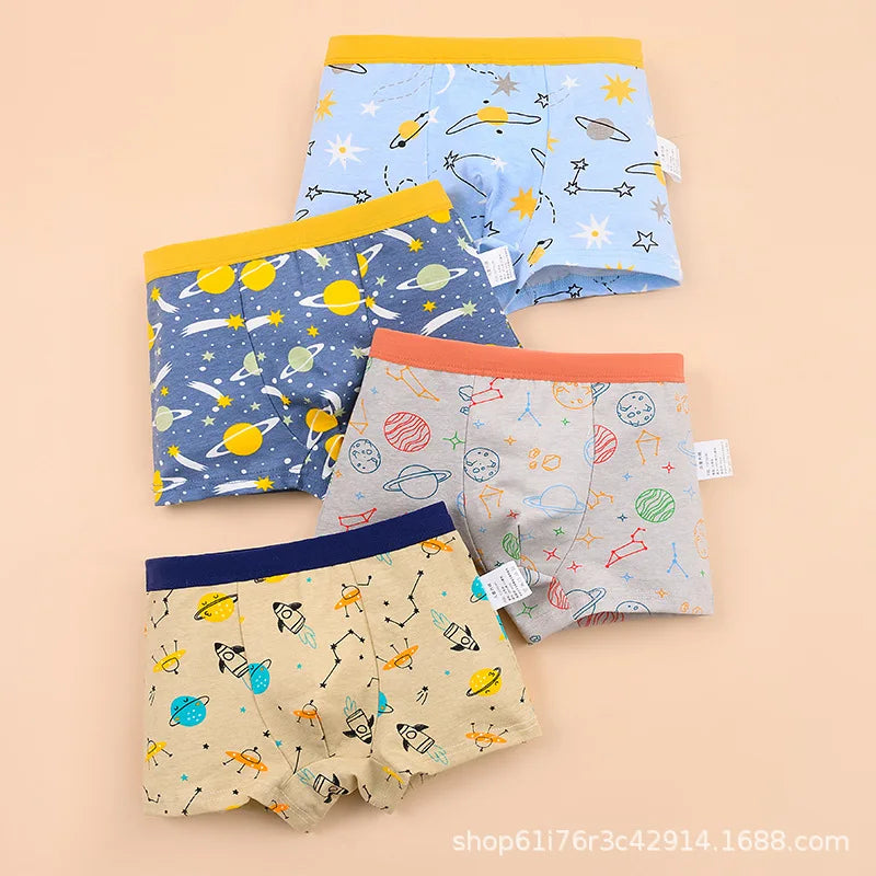 4PCS/Set Baby Boys Cartoon Print Underwear For 1-13Years Kids Double Layer Antibacterial Panties Children Cotton Boxers