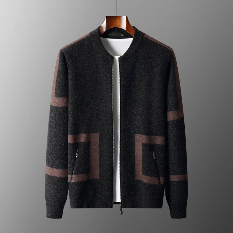 Men's 100% merino wool round neck cashmere cardigan thick warm computer jacquard sweater long sleeve business casua