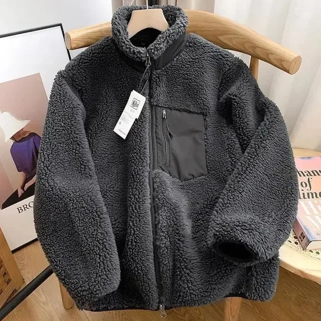 Autumn and Winter Japanese Thick Fleece Stand Neck Jacket Couple Zipper Loose Warm Lamb Wool Coat Solid color jacket