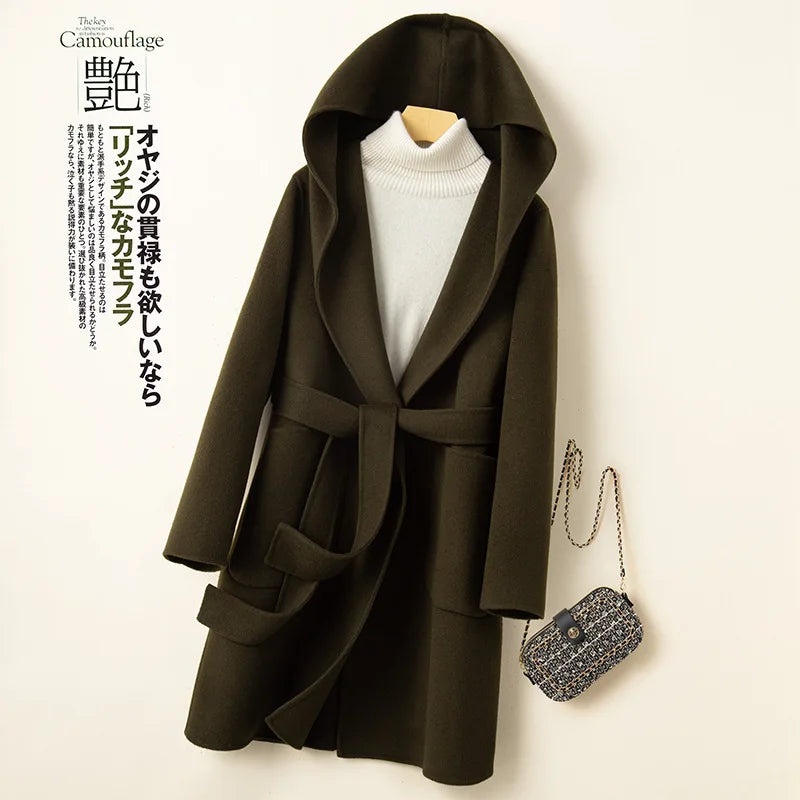 Korean Design Women Double-sided Cashmere Mid-length Hoodie Coat With Belt Lace Up Hooded Slimming Wool Jacket Winter