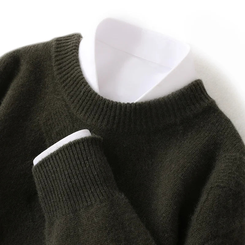 Men's 100% merino wool new round neck cashmere sweater thick warm high-end sweater long sleeve business casual pullover in autum