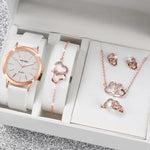 Diamond Heart 5Pcs Quartz Stainless Steel Vegan Leather Womens Watch Set