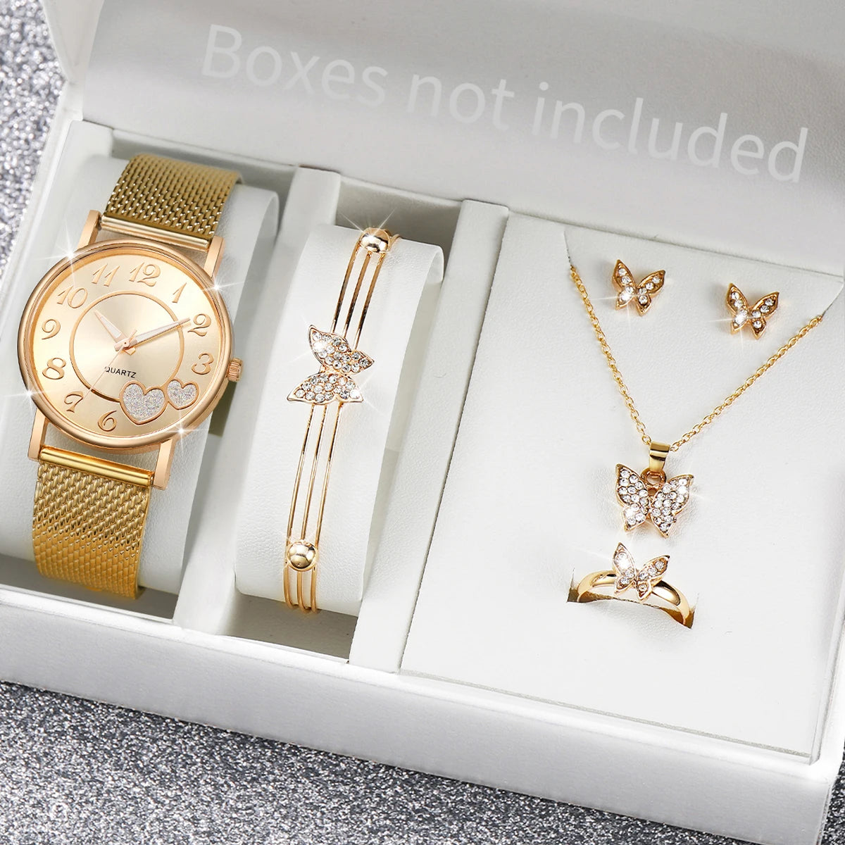 5PCS/Set Women Watches Diamond Butterfly Jewelry Set Fashion Gold Plastic Band Quartz Watch