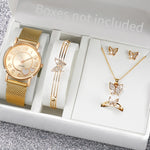 5PCS/Set Women Watches Diamond Butterfly Jewelry Set Gold Plastic Band Quartz Watch