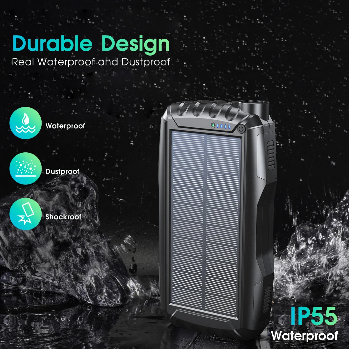 Portable solar charging bank, 20000mAh flashlight climbing buckle dust and water resistant, suitable for iPhone and Android elec