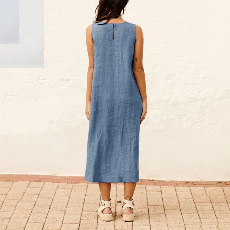 Tropical Oasis Sleeveless 100% Linen Womens Dress