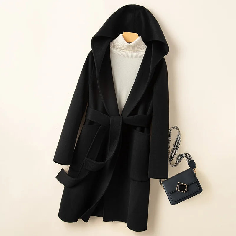 Korean Design Women Double-sided Cashmere Mid-length Hoodie Coat With Belt Lace Up Hooded Slimming Wool Jacket Winter