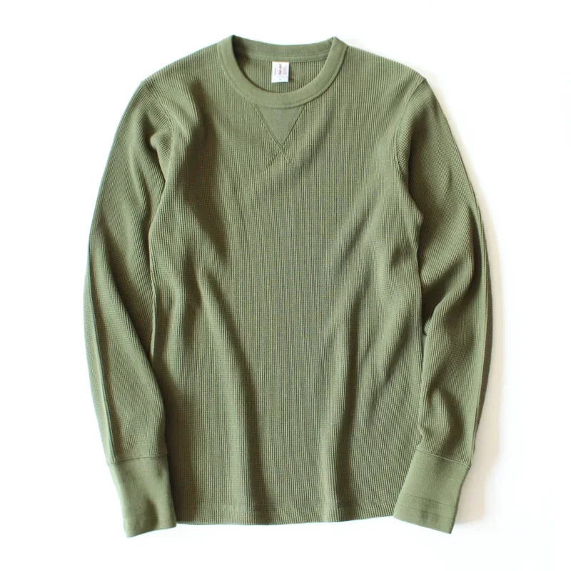 315g Heavy Jumper American Retro Khaki Waffle Knit Jersey Cotton Neckline Long-sleeved Sweatshirt Cotton Men Slim Fit Sweater