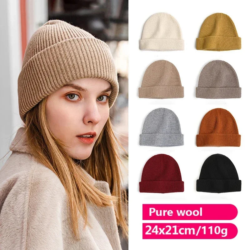 100% Pure Wool Hat and Cap for Women Men Knitted Beanies Winter Warm Thicken Hat Unisex Skullies Beanie Femme Solid Wool Hat