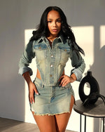 Agave Blues 2Pcs Sexy Cotton Womens Denim Jacket & Skirt Set