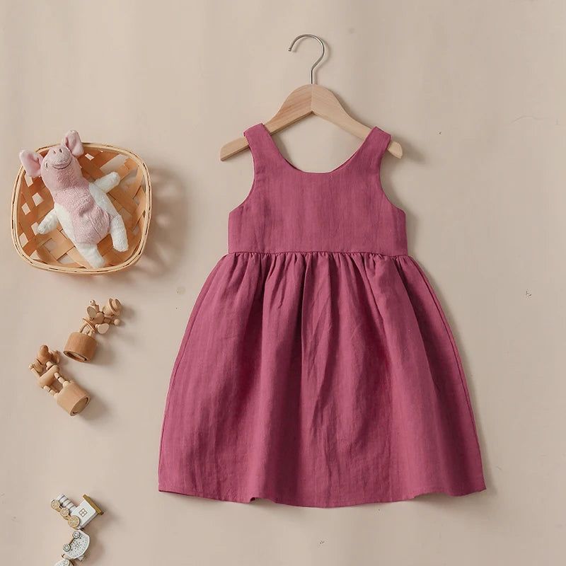 Summer Girl's Retro Linen Dress 2024 New Baby Girl V-Neck Sleeveless Casual Button Cotton And Linen Dresses Kids Clothes TZ018