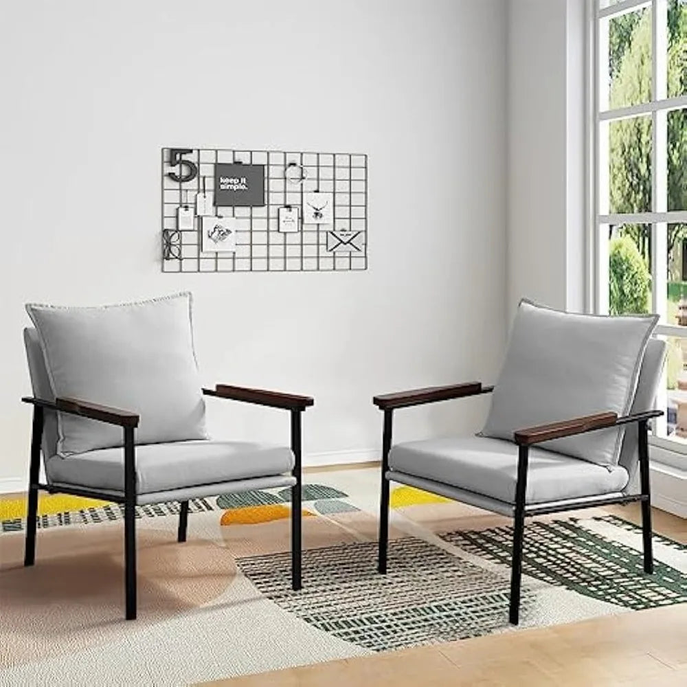 2Pcs Mid-Century Metal Wood Cotton Linen Modern Armchair with Wide Solid Wood armrests