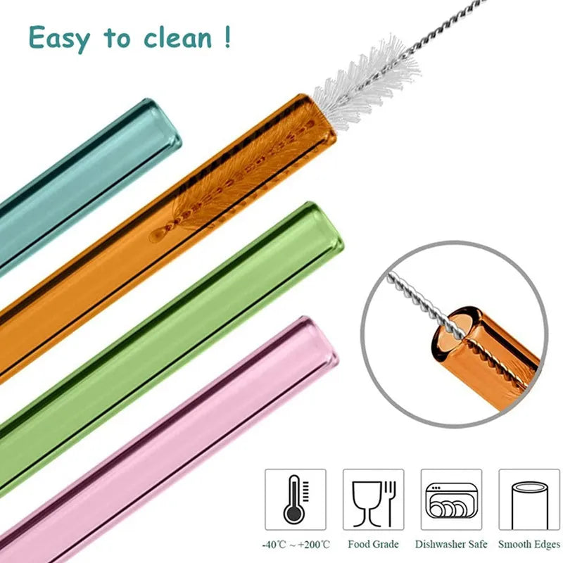 8Pcs Reusable Colored Heat Resistant Borosilicate Glass Straws With Cleaning Pipes