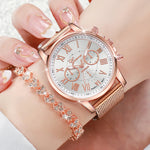 Rhinestone Jewel 2Pcs Stainless Steel Womens Watch & Bracelet Set