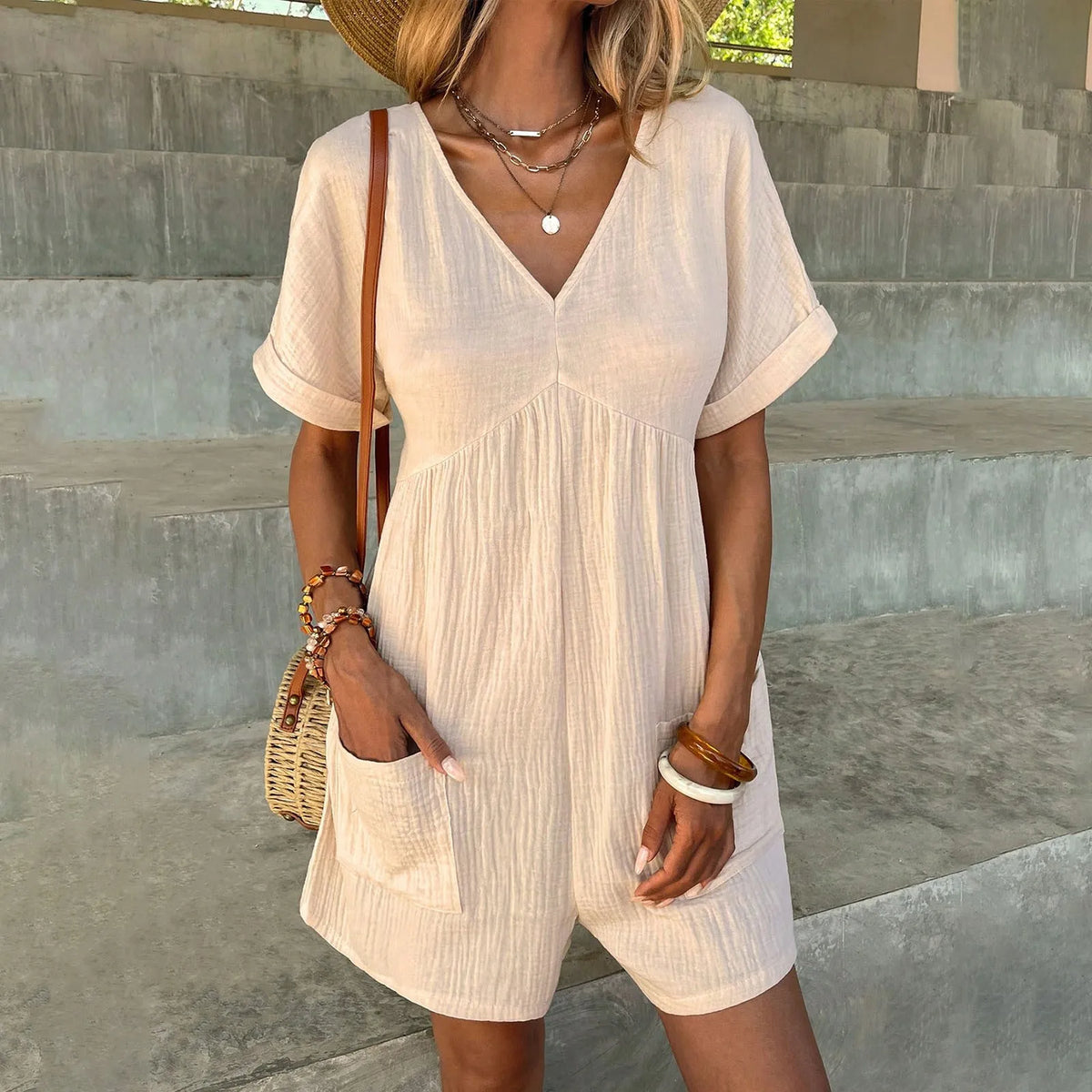 Summer Playsuits Cotton Linen Women's Short Rompers Overalls Solid V Neck Pocket Back Zipper Short Sleeve Short Jumpsuit Ladies