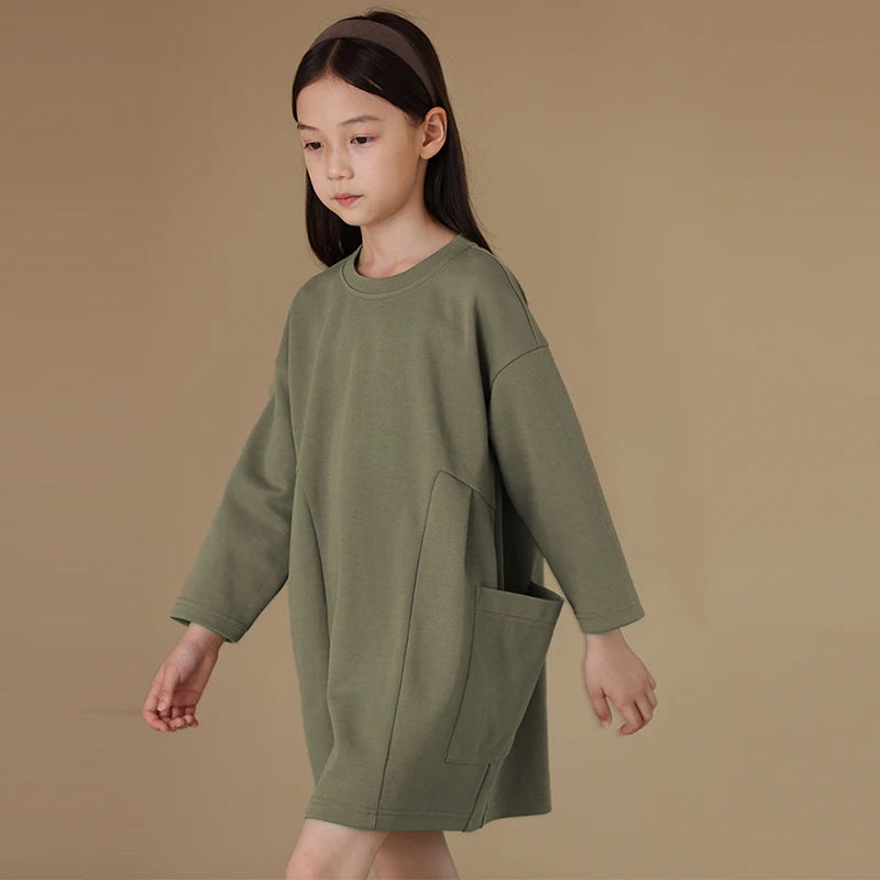 Mustard Greens Pocket Cotton Girls Dress