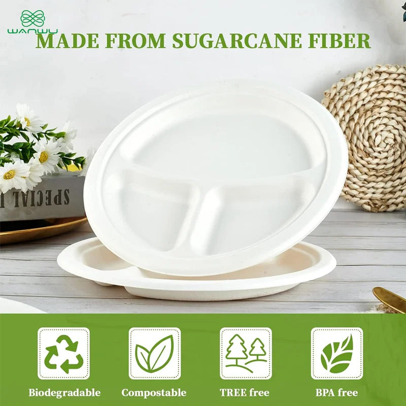 Healthy Eats 50-Pack 3 Compartment Biodegradable Sugarcane Disposable Plates