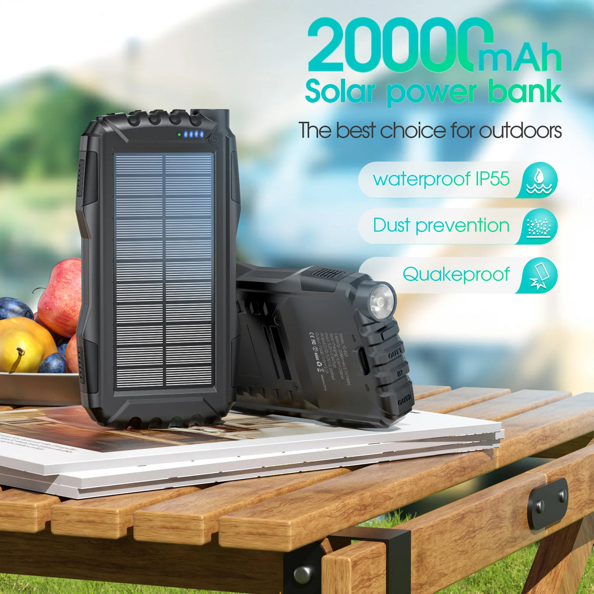 Portable solar charging bank, 20000mAh flashlight climbing buckle dust and water resistant, suitable for iPhone and Android elec