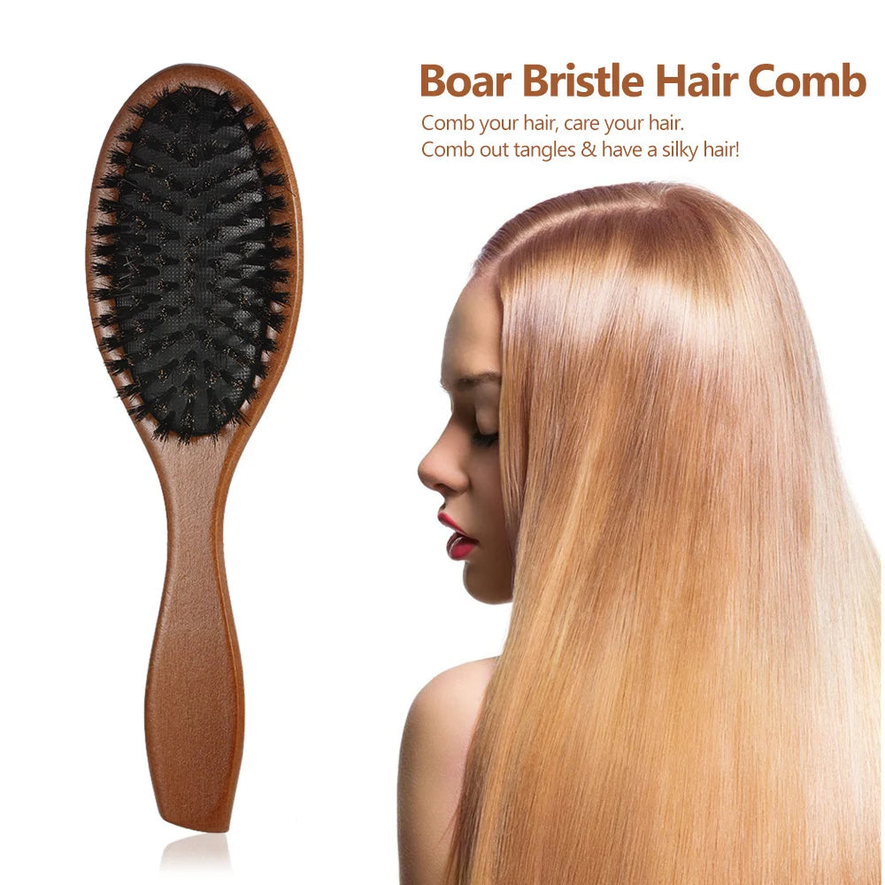 Natural Boar Bristle Hair Brush Women Comb Oval Anti-static Paddle Hair Extension Brush Scalp Massage Beech Wooden Handle