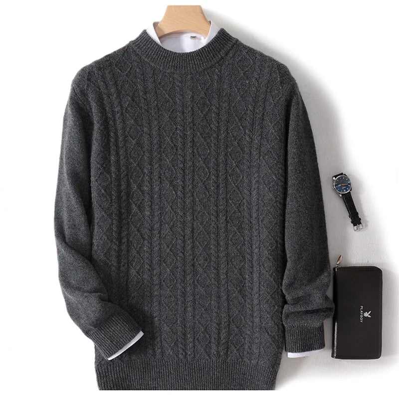 Autumn and winter new 100% Merino wool men's crewneck thick jacquard pullover sweater casual business knit base coat