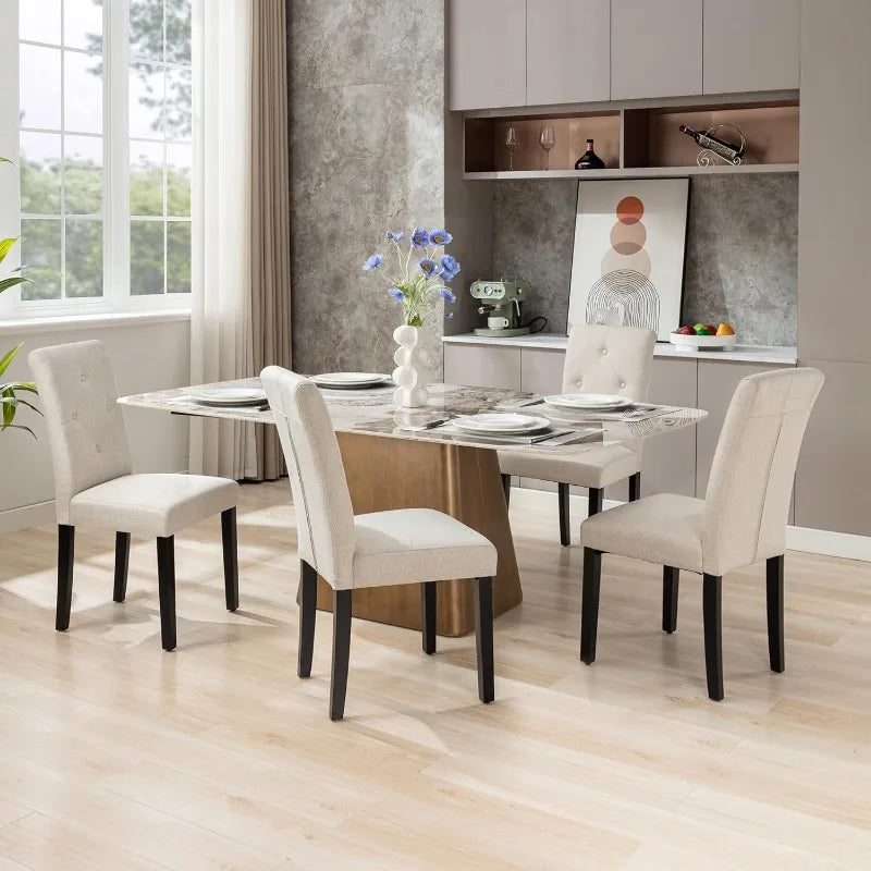 Upholstered Dining Chairs Set of 6 Modern Fabric and Solid Wood Legs & High Back for Kitchen/Living Room-Beige