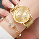 5PCS/Set Women Watches Diamond Butterfly Jewelry Set Gold Plastic Band Quartz Watch