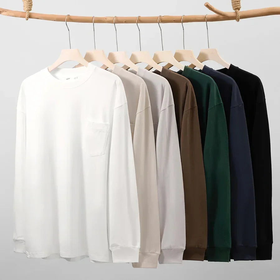 Oversize 100% Cotton Pocket Long Sleeved T-shirt for Men and Women's Spring Casual Round Neck Bottom Tops Solid Sweatshirts