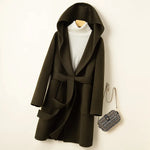 Korean Design Women Double-sided Cashmere Mid-length Hoodie Coat With Belt Lace Up Hooded Slimming Wool Jacket Winter