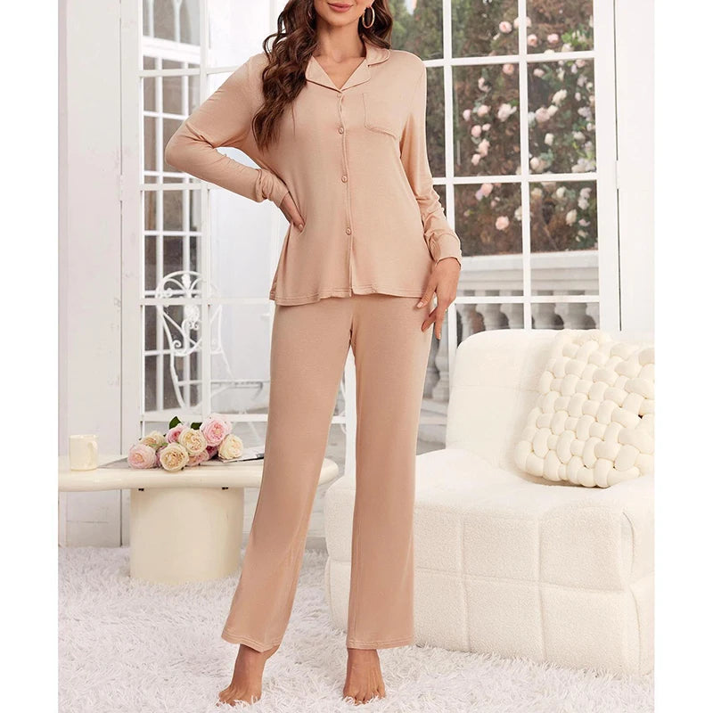 Autumn Modal Long-sleeved Tops&Long Pants Trousers Sets 2Pcs Women's Pajamas Sleepwear Nightwear Solid Home Clothes Cardigan