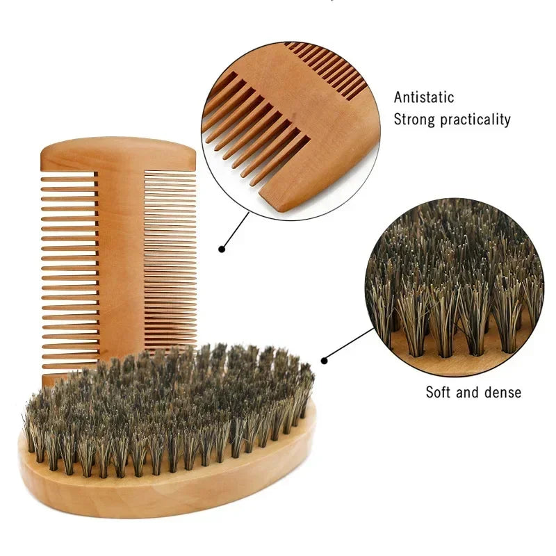 Man Beard Brush Soft Boar Bristle Barber Shaving Brush Hair Combs Professional Men Mustache Comb Kit With Gifts Bag Hair Combs