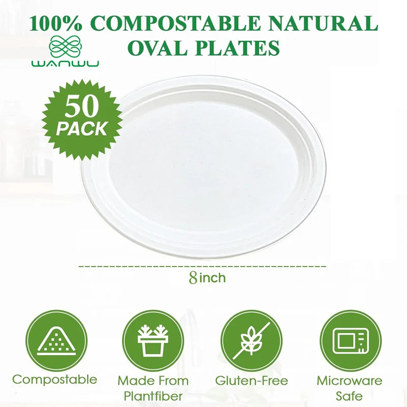 Healthy Eats 50-Pack Round Biodegradable Sugarcane Paper Plates for BBQ, Parties, Dinner, and Picnics