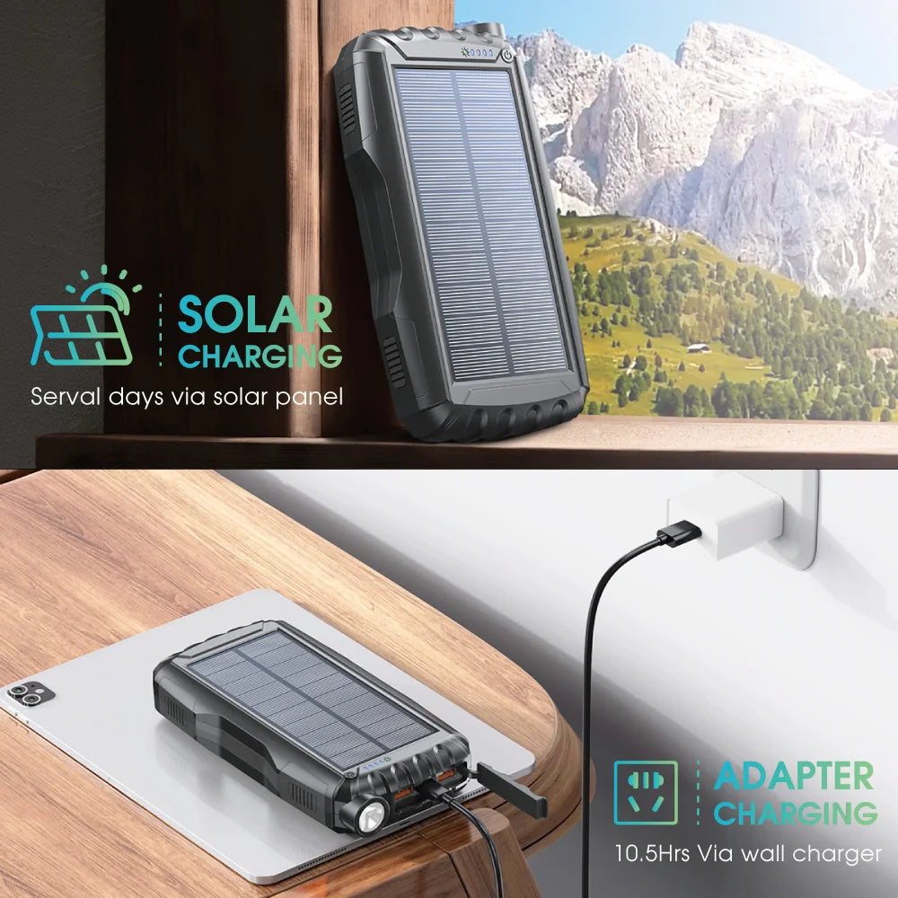 Portable solar charging bank, 20000mAh flashlight climbing buckle dust and water resistant, suitable for iPhone and Android elec