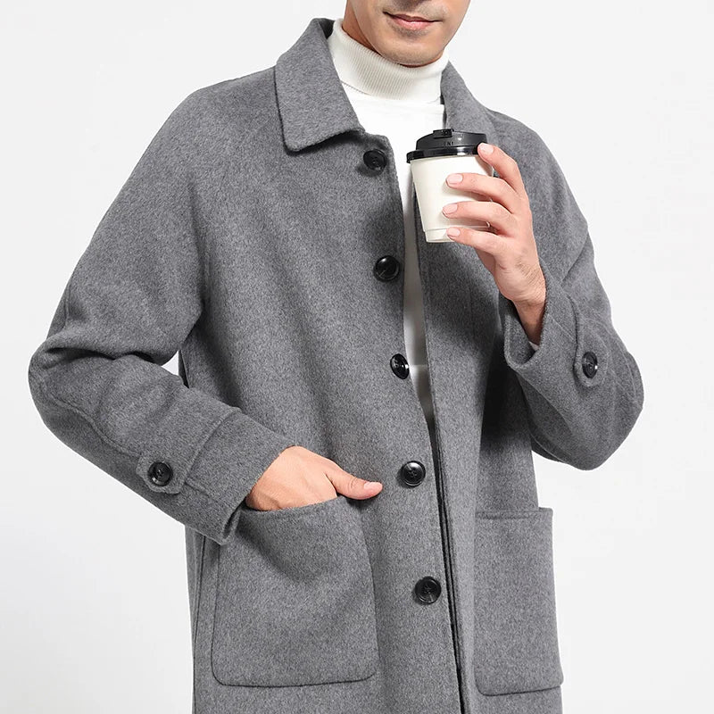 Mid-Length Single-Breasted Polo Collar Men's Overcoat Double-Sided Woolen 100% Pure Wool High-End Coat Fashion Men's Clothing