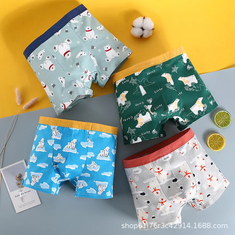 4PCS/Set Baby Boys Cartoon Print Underwear For 1-13Years Kids Double Layer Antibacterial Panties Children Cotton Boxers