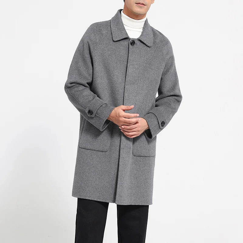 Mid-Length Single-Breasted Polo Collar Men's Overcoat Double-Sided Woolen 100% Pure Wool High-End Coat Fashion Men's Clothing