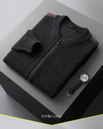 Men's 100% merino wool round neck cashmere cardigan thick warm computer jacquard sweater long sleeve business casua