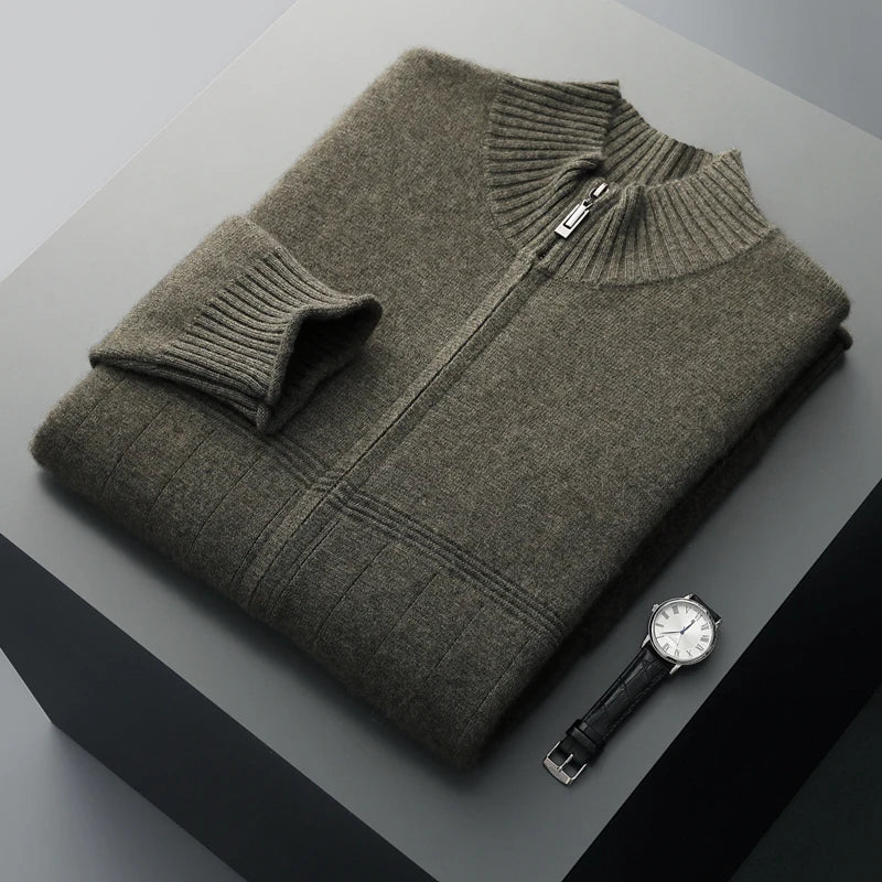 Autumn and winter new 100% merino wool men's high-end semi-high neck pullover sweater solid color padded zipper knit bottoming c