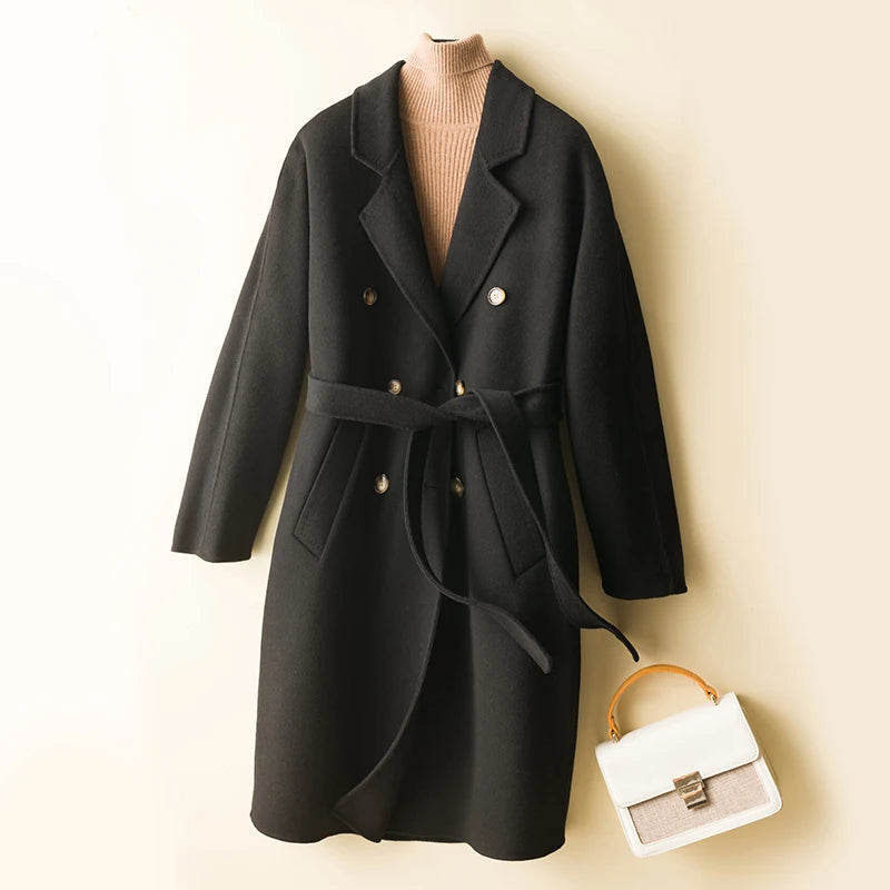 Black Ice Double-sided Cashmere 100% Wool Womens Coat