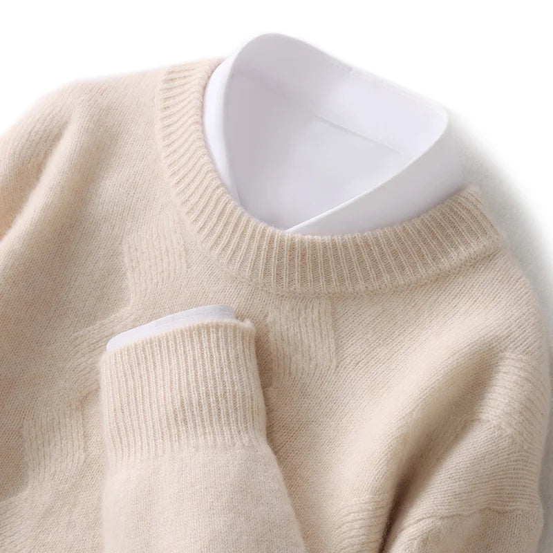 Men's 100% merino wool new round neck cashmere sweater thick warm high-end sweater long sleeve business casual pullover in autum