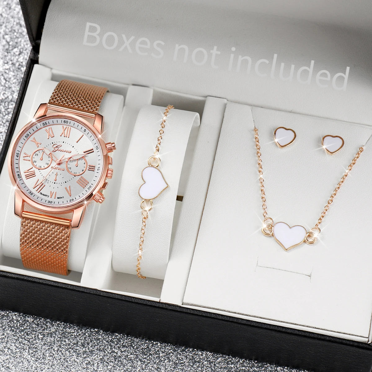 4PCS/Set Fashion Geneva Women Watches Heart Jewelry Set Casual Plastic Band Ladies Quartz Watch（Without Box）