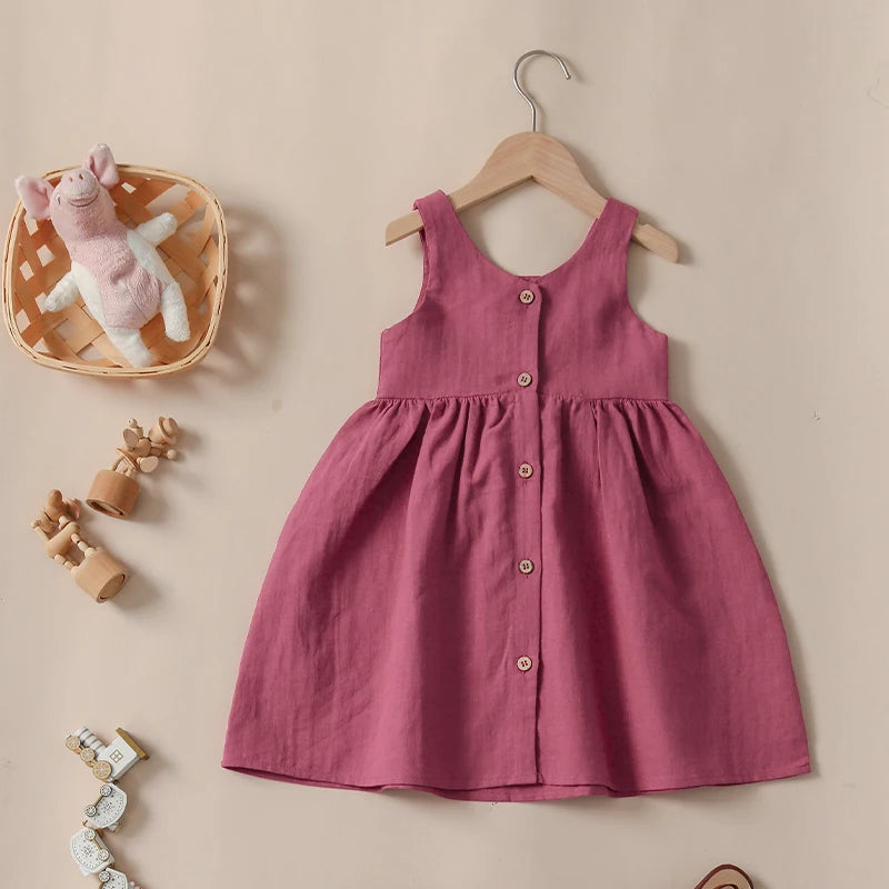 Summer Girl's Retro Linen Dress 2024 New Baby Girl V-Neck Sleeveless Casual Button Cotton And Linen Dresses Kids Clothes TZ018