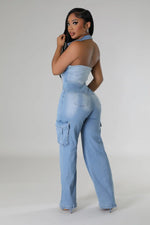 Blueberry Sorbet Stretch Denim Cotton Womens Jumpsuit