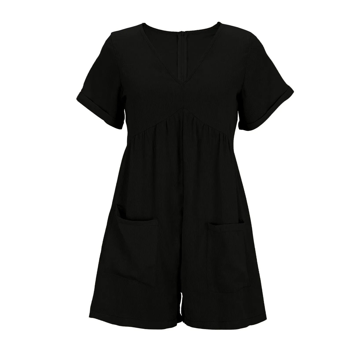 Summer Playsuits Cotton Linen Women's Short Rompers Overalls Solid V Neck Pocket Back Zipper Short Sleeve Short Jumpsuit Ladies