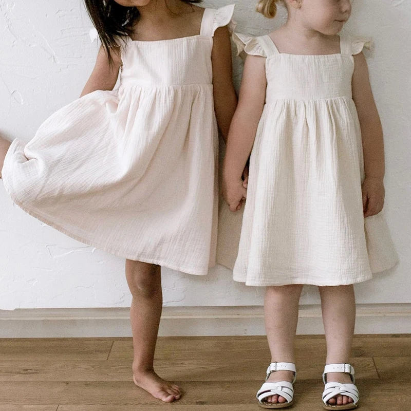 100%Cotton Muslin Girls White Dress With Lined Summer New Retro Baby Girl Sleeveless Ruffled Straps Flowy Princess Dresses TZ385
